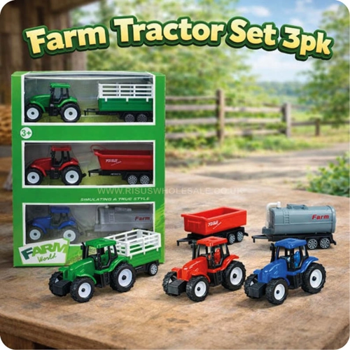 6 x Farm Tractor & Trailer Playset 3pk