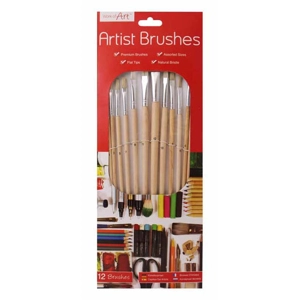 12 x Flat Tip Natural Artist Brushes 12pk