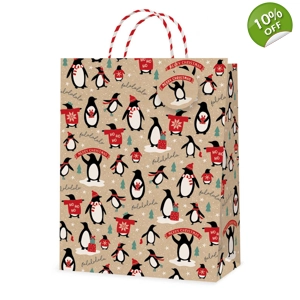 12 x Kraft Penguin Gift Bags - LG