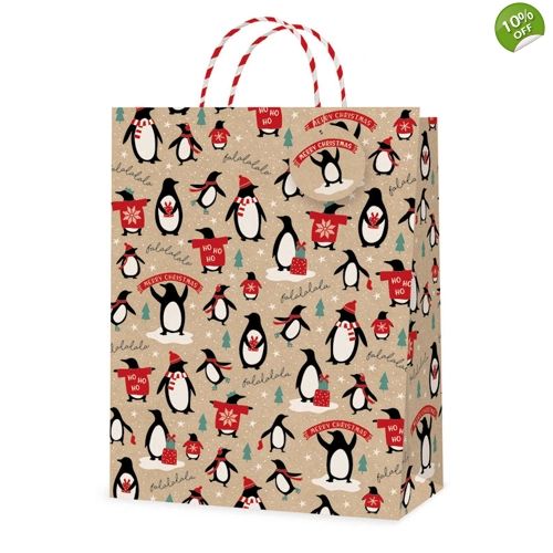 12 x Kraft Penguin Gift Bags - LG