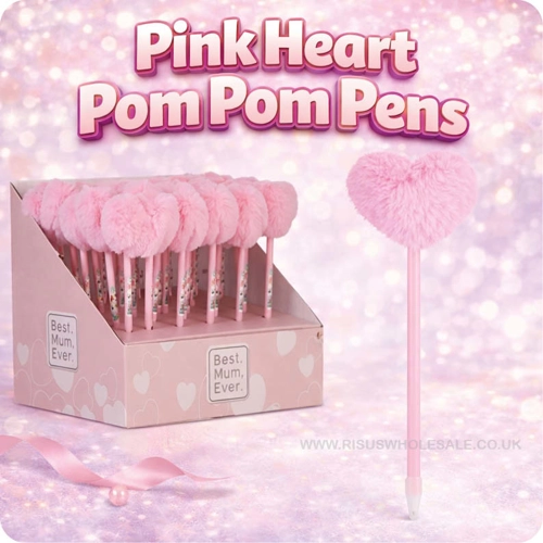 24 x Pink Heart Pom Pom Pens
