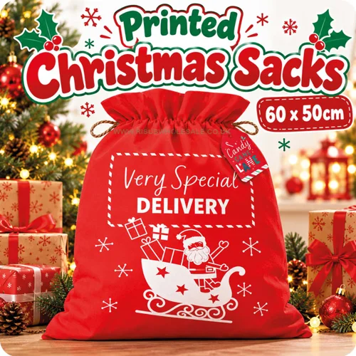 24 x Printed Christmas Sacks 60x50cm