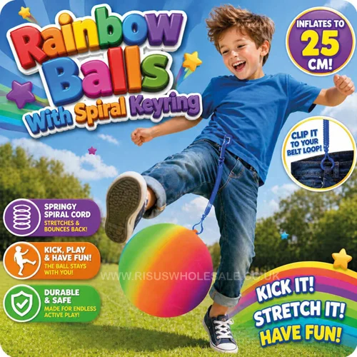 24 x Neon Rainbow Balls With Spiral Keychain