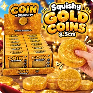 12 x Squishy Glitter Gold Coins 8.5cm