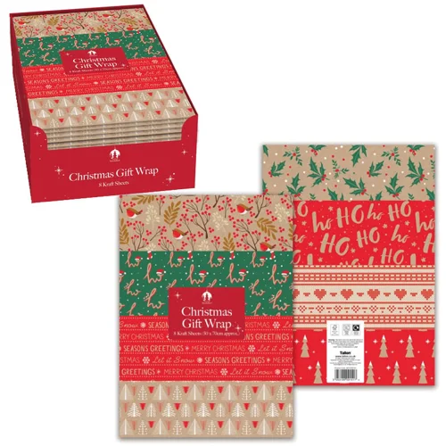 50 x Kraft Eco Christmas Gift Wrap Sheets 8pk