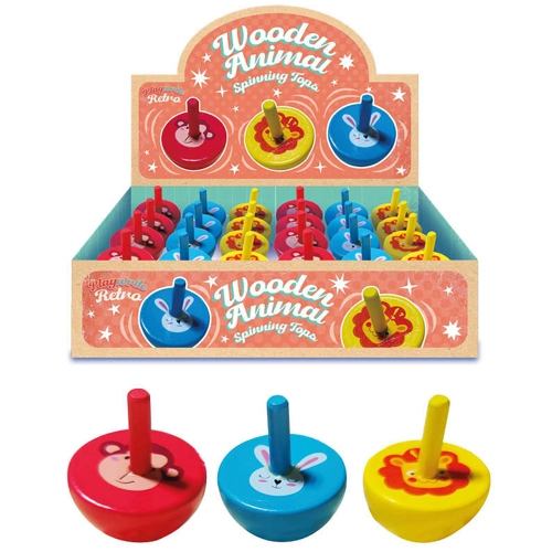 24 x Wooden Animal Spinning Tops