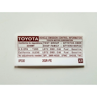 Emisijos lipdukas, Emission Label, TOYOTA SIENNA HIGHLANDER 2016