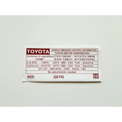 Emisijos lipdukas, Emission Label, TOYOTA SIENNA HIGHLANDER 2015 COPY