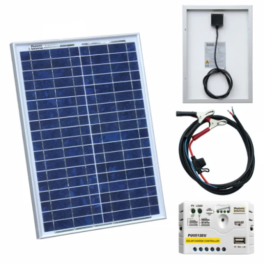 20W 12V SOLAR CHARGING KIT WITH 5A SOLAR CONTROLLER AND BATTERY CABLE WITH CROCODILE CLIPS