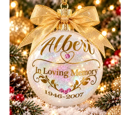 Personalized Memorial Christmas Ornament with Birthstone Crystals, Gold Lettering & Gold Organza Bow