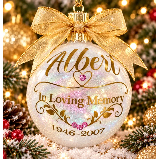 Personalized Memorial Christmas Ornament with Birthstone Crystals, Gold Lettering & Gold Organza Bow