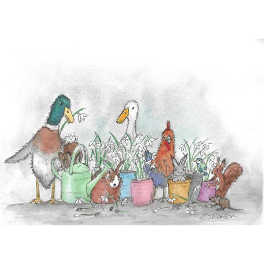 A wildlife art greeting card with a print of a painting with ducks, a squirrel and potted plants, in a charming rustic style
