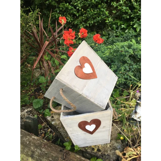 Pair of Wooden Heart Planters