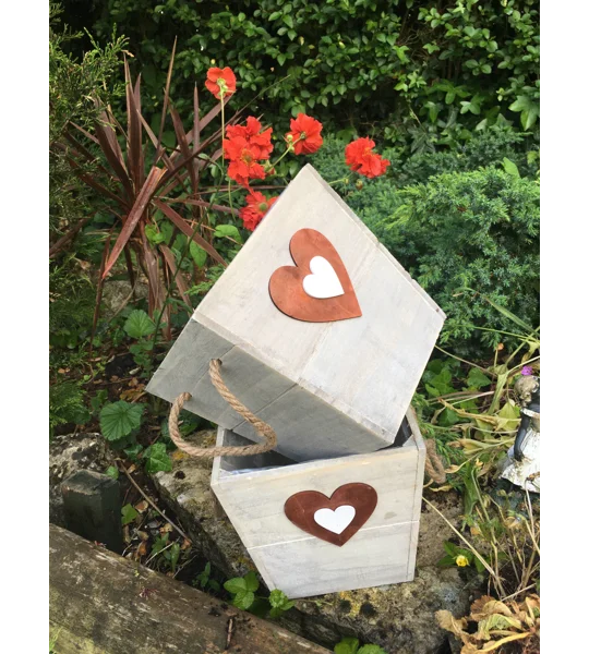 Pair of Wooden Heart Planters