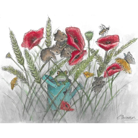 A wildlife art greeting card with a print of a painting with ducks, a squirrel and potted plants, in a charming rustic style