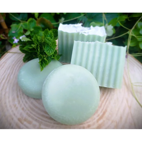 Two round, pale green Tea Tree Eucalyptus soap bars and 2 rectangular, vertically ribbed pale green soap bars. The soap is accompanied by a sprig of fresh green mint leaves, all arranged together to showcase the light, solid colour and smooth texture.
