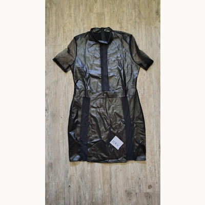 Woman Pleather Dress w/ Mesh sleeves