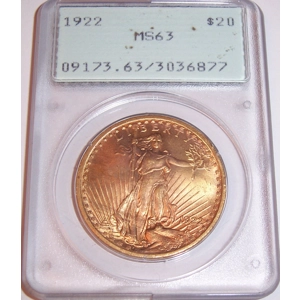 1922 $20 MS63 PCGS Saint Gaudens Double Eagle Rattler