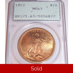 1922 $20 MS63 PCGS Saint Gaudens Double Eagle Rattler
