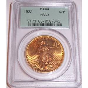1922 $20 MS63 PCGS Saint Gaudens Double Eagle OGH