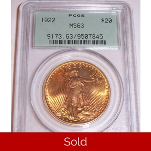 1922 $20 MS63 PCGS Saint Gaudens Double Eagle OGH