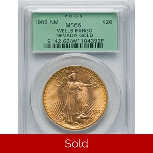 1908 NM $20 MS66 PCGS Saint Gaudens Double Eagle Wells Fargo OGH