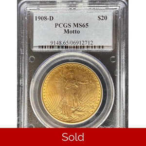 1908-D Motto $20 MS65 PCGS Saint Gaudens Double Eagle