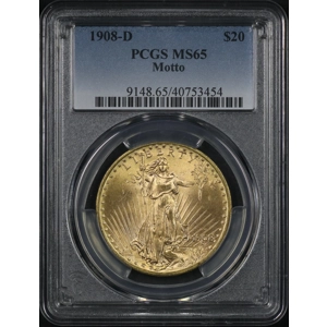 1908-D Motto $20 MS65 PCGS Saint Gaudens Double Eagle