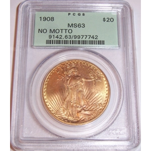 1908 NM $20 MS63 PCGS Saint Gaudens Double Eagle OGH