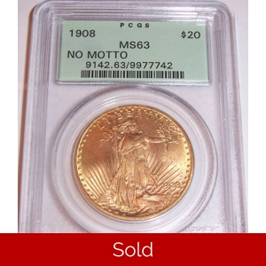 1908 NM $20 MS63 PCGS Saint Gaudens Double Eagle OGH
