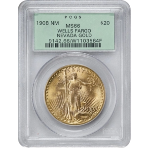 1908 NM $20 MS66 PCGS Saint Gaudens Double Eagle Wells Far..