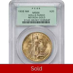 1908 NM $20 MS66 PCGS Saint Gaudens Double Eagle Wells Fargo OGH