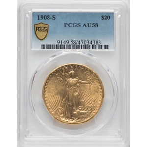 1908-S $20 AU58 PCGS Saint Gaudens Double Eagle