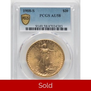 1908-S $20 AU58 PCGS Saint Gaudens Double Eagle