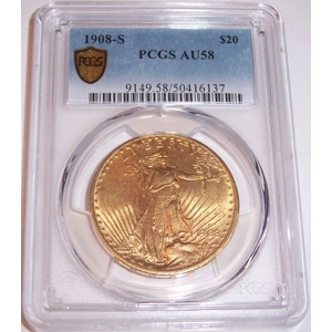 1908-S $20 AU58 PCGS Saint Gaudens Double Eagle