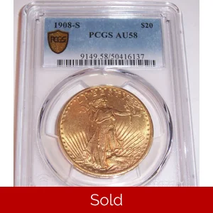 1908-S $20 AU58 PCGS Saint Gaudens Double Eagle