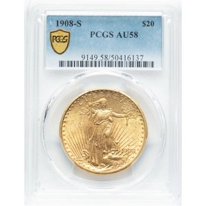 1908-S $20 AU58 PCGS Saint Gaudens Double Eagle