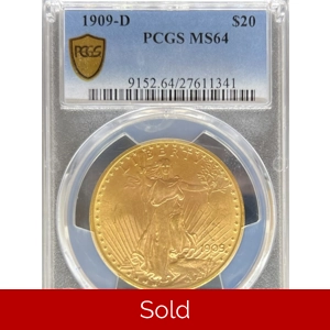 1909-D $20 MS64 PCGS Saint Gaudens Double Eagle PCGS