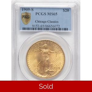 1909-S $20 MS65 PCGS Saint Gaudens Double Eagle