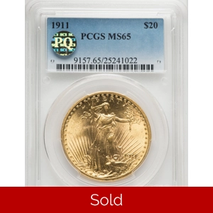 1911 $20 MS65 PCGS Saint Gaudens Double Eagle PQ
