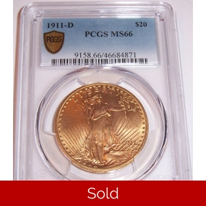 1911-D $20 MS66 PCGS Saint Gaudens Double Eagle PCGS