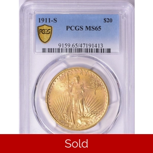 1911-S $20 MS65 PCGS Saint Gaudens Double Eagle