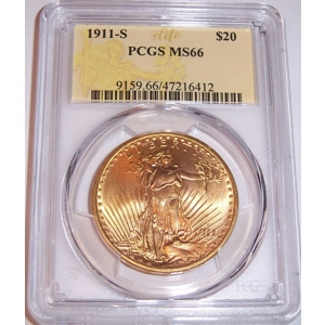 1911-S $20 MS66 PCGS Saint Gaudens Double Eagle - Elite Pe..