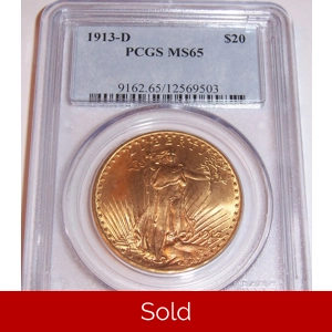 1913-D $20 MS65 PCGS Saint Gaudens Double Eagle