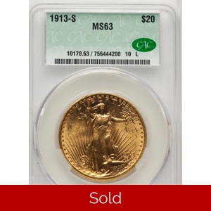 1913-S $20 MS63 CACG Saint Gaudens Double Eagle