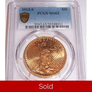 1913-S $20 MS63 PCGS Saint Gaudens Double Eagle