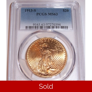 1913-S $20 MS63 PCGS Saint Gaudens Double Eagle