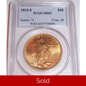 1913-S $20 MS63 PCGS Saint Gaudens Double Eagle