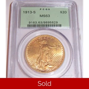1913-S $20 MS63 PCGS Saint Gaudens Double Eagle OGH