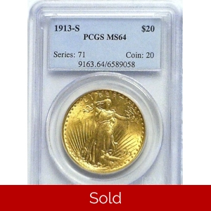 1913-S $20 MS64 PCGS Saint Gaudens Double Eagle
